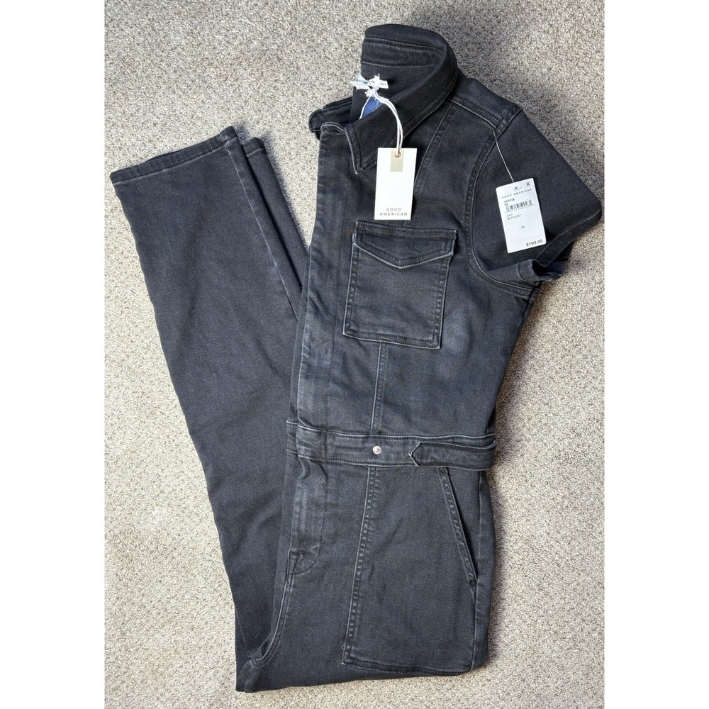 NEW Good American Jumpsuit Fit For Success Womens‎ 3 Large Black Denim Stretch